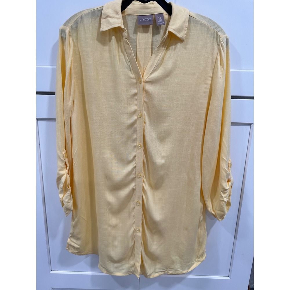 Chico's Button Down Top Roll Tab Sleeve Lightweight Tunic Shirt Yellow Size 0 S